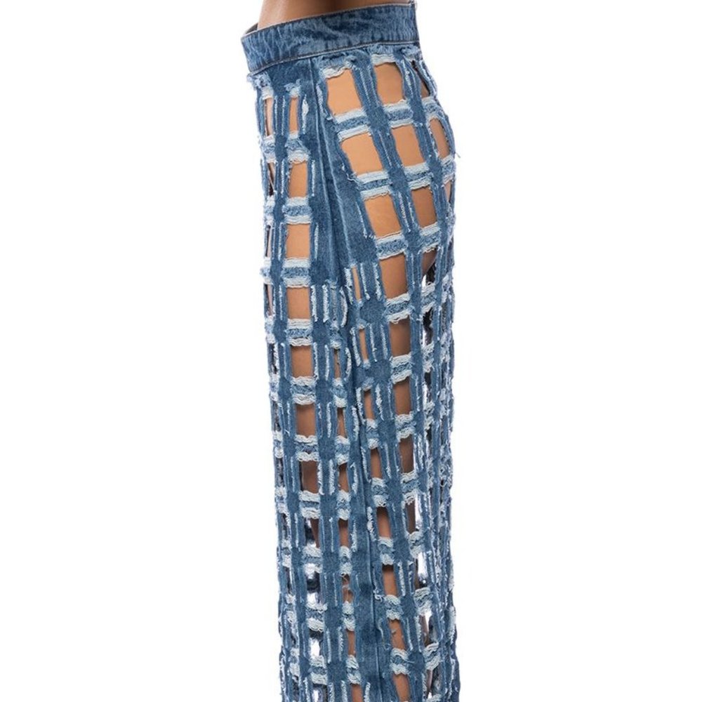Miz Check on My Split: Square Biz Cut Out Denim Maxi Skirt Large - Picture 7 of 10